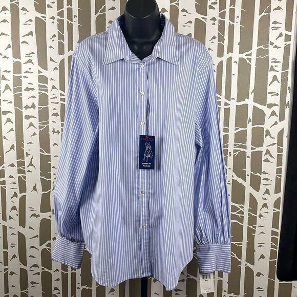 CHAPS NEW $60 Classic Fit Polished Balloon Sleeve Stretch Poplin Striped Blouse - Picture 1 of 7